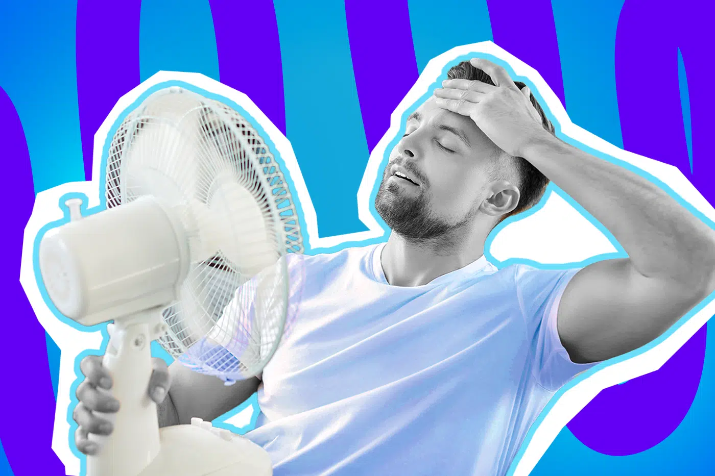 Humorvolle Collage zum Thema Sommerhitze, Dachgeschoss-Sauna und die verzweifelte Suche nach Abkühlung: Im Zentrum sitzt ein schwitzender, völlig erschöpfter Mann, dessen Gesicht und Arme in Schwarz-Weiß gehalten sind. Er hat die Augen geschlossen, legt sich eine Hand stöhnend an die Stirn und hält sich mit der anderen Hand einen weißen Ventilator direkt vors Gesicht, um auch nur den kleinsten kühlenden Luftzug aufzusaugen. Sein hellblaues T-Shirt tritt farblich hervor. Das Pop-Art-Motiv vor einem markanten blau-violetten Wellen-Hintergrund visualisiert pointiert die unerträglichen Temperaturen, den alltäglichen Überlebenskampf und die gnadenlose Realität, wenn man im Hochsommer in einer stickigen Dachgeschosswohnung buchstäblich dahinschmilzt und der Ventilator zum allerbesten Freund wird.