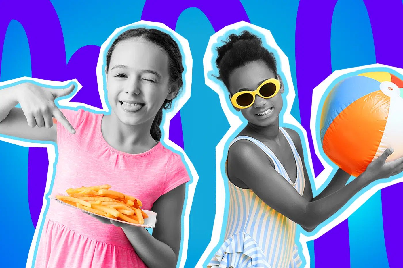 Fröhliche Collage zum Thema Freibad-Saison, Sommer-Vibes und die obligatorischen Schwimmbad-Pommes: Auf der linken Seite steht ein Mädchen, dessen Gesicht und Arme in Schwarz-Weiß gehalten sind. Sie zwinkert frech, streckt die Zunge heraus und zeigt grinsend auf einen Pappteller mit knallgelben Pommes frites in ihrer Hand. Ihr leuchtend pinkfarbenes Kleidchen tritt dabei farblich extrem stark hervor. Auf der rechten Seite steht ein weiteres Mädchen in Schwarz-Weiß, das fröhlich lächelt. Sie trägt eine auffällige, leuchtend gelbe Sonnenbrille und einen hellblau-weiß gestreiften Badeanzug, während sie einen großen, bunten Wasserball in den Händen hält. Das Pop-Art-Motiv vor einem markanten blau-violetten Wellen-Hintergrund visualisiert pointiert das pure, unbeschwerte Sommerfeeling, den ultimativen Badespaß und die unwiderstehliche Anziehungskraft der Freibad-Pommes – ganz egal, ob die Badekleidung danach noch richtig passt oder nicht.
