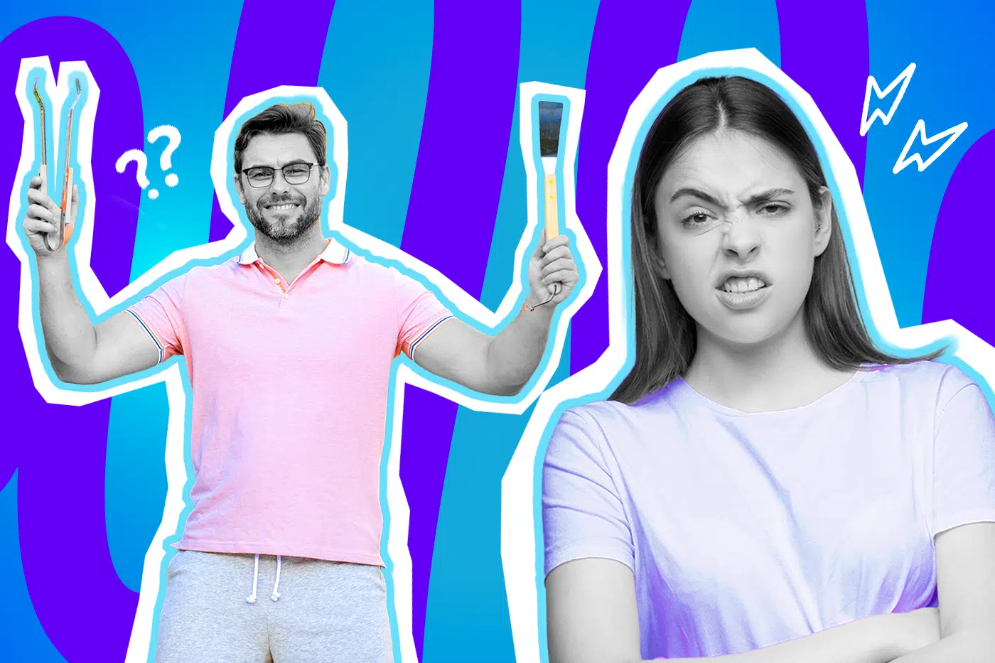 Humorvolle Collage zum Thema Grillen, männliche Selbstüberschätzung am Rost und verbranntes Essen: Auf der linken Seite steht ein stolz lächelnder Mann mit Brille, dessen Gesicht und Arme in Schwarz-Weiß gehalten sind. Er reißt triumphierend die Arme in die Höhe und hält in der einen Hand eine Grillzange, in der anderen einen Pfannenwender. Sein leuchtend rosafarbenes Poloshirt tritt farblich extrem stark hervor. Auf der rechten Seite steht eine junge Frau, deren Gesicht und Arme ebenfalls in Schwarz-Weiß gehalten sind. Sie hat die Arme verschränkt und verzieht ihr Gesicht zu einer völlig skeptischen, genervten und leicht angewiderten Grimasse. Ihr hellviolettes T-Shirt sticht farblich ebenfalls extrem stark heraus. Weiße Fragezeichen-Icons neben dem Mann und Blitz-Icons neben der Frau sowie das Pop-Art-Motiv vor einem markanten blau-violetten Wellen-Hintergrund visualisieren pointiert das grenzenlose, oft unbegründete Selbstbewusstsein der selbsternannten "Grillmeister" und die kopfschüttelnde Verzweiflung der Partnerinnen und Gäste, die sich am Ende mit verkohlten Würstchen und zähem Fleisch abfinden müssen.