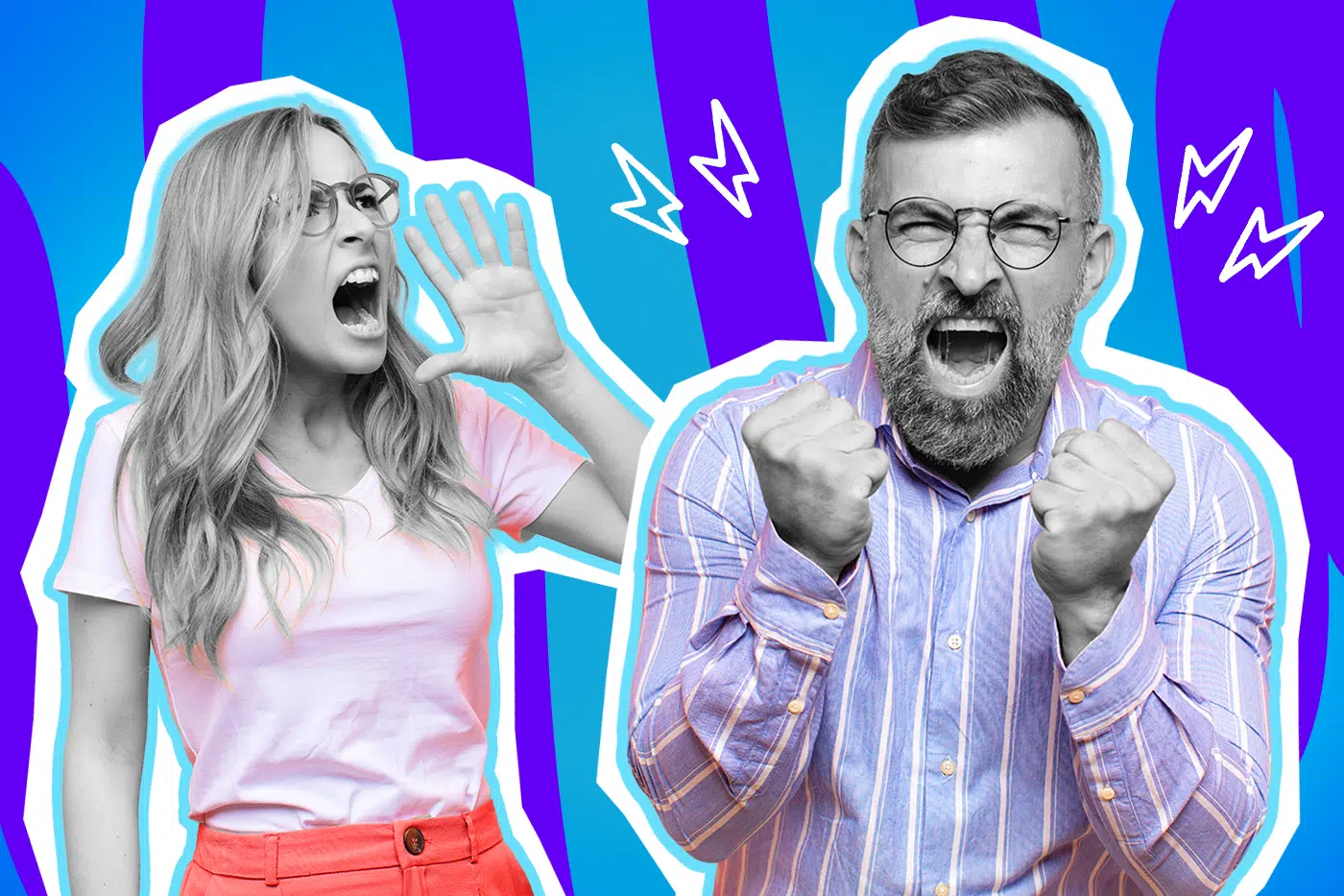 Ausdrucksstarke Collage zum Thema Wutausbrüche, Tobsuchtsanfälle bei Erwachsenen und eskalierende Konflikte: Auf der linken Seite steht eine Frau in Schwarz-Weiß mit Brille, die lautstark schreit und dabei eine Hand an den Mund legt. Sie trägt ein zartrosa T-Shirt und eine leuchtend orange-rote Hose, die farblich extrem stark hervortreten. Auf der rechten Seite steht ein bärtiger Mann mit Brille in Schwarz-Weiß, der mit geballten Fäusten, zusammengekniffenen Augen und weit aufgerissenem Mund wütend brüllt. Er trägt ein hellblau-violett gestreiftes Hemd. Weiße Blitz-Icons über ihren Köpfen sowie das Pop-Art-Motiv vor einem markanten blau-violetten Wellen-Hintergrund visualisieren pointiert den absoluten Kontrollverlust, cholerisches Verhalten und das befremdliche Phänomen, wenn Erwachsene wie Kleinkinder völlig ausrasten.