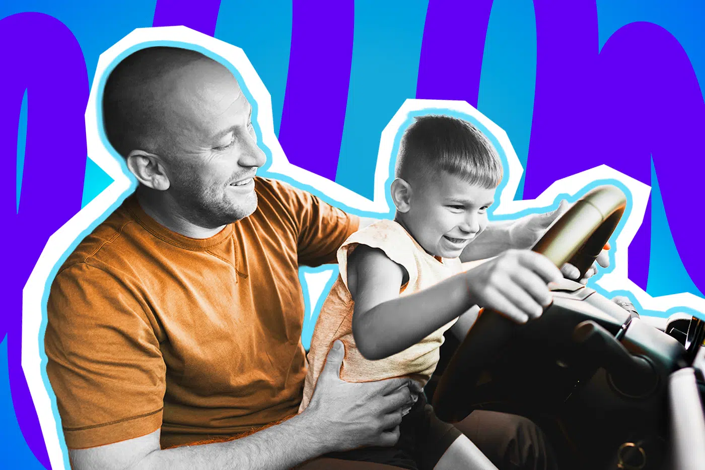 Herzerwärmende Collage zum Thema Kindheitserinnerungen, Vater-Sohn-Momente und die Magie des Alltäglichen: Im Zentrum sitzt ein liebevoll lächelnder Vater, dessen Gesicht, Kopf und Arme in Schwarz-Weiß gehalten sind. Er stützt behutsam seinen kleinen Sohn, der vor ihm sitzt und mit strahlendem Gesicht begeistert ein großes Lenkrad umgreift. Auch das Gesicht und die Arme des kleinen Jungen sind in Schwarz-Weiß gehalten. Die Kleidung der beiden tritt farblich extrem stark hervor: Der Vater trägt ein leuchtend orange-rostbraunes T-Shirt, der Sohn ein helles, pfirsichfarbenes T-Shirt. Das Pop-Art-Motiv vor einem markanten blau-violetten Wellen-Hintergrund visualisiert pointiert genau diese unvergesslichen, wertvollen Augenblicke der Kindheit, in denen ein vermeintlich völlig gewöhnlicher Ausflug auf dem Beifahrersitz im LKW des Vaters zum allergrößten und aufregendsten Abenteuer der Welt wird.
