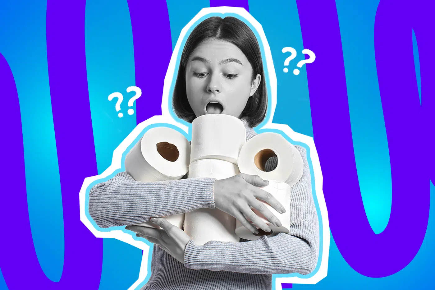 Ausdrucksstarke Collage zum Thema Online-Shopping-Fails, Fehlbestellungen und Liefer-Chaos: Im Zentrum steht eine junge Frau in Schwarz-Weiß, die völlig schockiert und mit weit aufgerissenem Mund auf einen riesigen Berg von Toilettenpapierrollen starrt, den sie kaum in den Armen halten kann. Weiße Fragezeichen-Icons schwirren um ihren Kopf herum. Das Pop-Art-Motiv vor einem markanten blau-violetten Wellen-Hintergrund visualisiert pointiert den absurden und urkomischen Moment, wenn man beim Online-Shopping versehentlich die falsche Menge oder Größe bestellt hat und der Postbote plötzlich mit einer völlig unerwarteten Lieferung vor der Tür steht.