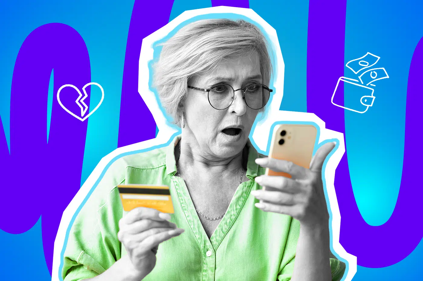 Ausdrucksstarke Collage zum Thema Love-Scamming, Internetbetrug und Herzschmerz: Im Zentrum blickt eine ältere Dame in Schwarz-Weiß mit Brille völlig schockiert und mit weit aufgerissenem Mund auf ein hellgelbes Smartphone in ihrer Hand, während sie in der anderen Hand eine gelbe Kreditkarte bereithält. Sie trägt eine leuchtend hellgrüne Bluse, die farblich extrem stark hervortritt. Ein weißes Icon eines gebrochenen Herzens auf der linken Seite und ein Icon eines Portemonnaies, aus dem Geldscheine fliegen, auf der rechten Seite sowie das Pop-Art-Motiv vor einem markanten blau-violetten Wellen-Hintergrund visualisieren pointiert den dramatischen Schockmoment, wenn die vermeintliche große Online-Liebe als skrupellose und teure Abzocke entlarvt wird.