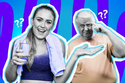 Humorvolle Collage zum Thema Alltags-Ticks, skurrile Eigenheiten und der berühmte "innere Monk": Auf der linken Seite steht eine junge, fröhlich lachende Frau, deren Gesicht und Arme in Schwarz-Weiß gehalten sind. Sie hält ein Glas Wasser in der Hand. Ihr dunkelblau-violettes Sport-Top und das hellblaue Handtuch um ihren Hals treten farblich extrem stark hervor. Auf der rechten Seite steht ein älterer Mann in Schwarz-Weiß, der skeptisch und verständnislos dreinblickt. Er tippt sich vielsagend mit dem Finger an die Stirn und öffnet die andere Hand zu einer fragenden Geste. Sein pfirsichfarbenes T-Shirt sticht farblich ebenfalls extrem stark heraus. Weiße Fragezeichen-Icons über ihren Köpfen sowie das Pop-Art-Motiv vor einem markanten blau-violetten Wellen-Hintergrund visualisieren pointiert die teils absurden, völlig unerklärlichen Marotten, die wir alle im Alltag pflegen – und die bei unseren Mitmenschen oft nur ungläubiges Kopfschütteln auslösen.