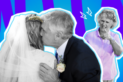 Ausdrucksstarke Collage zum Thema Hochzeitsdrama, familiäre Konflikte und toxische Eifersucht: Auf der linken Seite umarmt ein Brautvater seine Tochter in ihrem weißen Hochzeitskleid liebevoll und gibt ihr einen Kuss auf die Wange. Haut und Haare sind in Schwarz-Weiß gehalten, während die blaue, gepunktete Krawatte und die rosafarbene Rose an seinem Revers farblich dezent hervortreten. Im Hintergrund auf der rechten Seite steht eine ältere Frau in Schwarz-Weiß, die wütend, empört und vorwurfsvoll mit dem Zeigefinger auf das innige Vater-Tochter-Gespann zeigt. Sie trägt eine leuchtend fliederfarbene Bluse, die farblich extrem stark hervortritt. Weiße Blitz-Icons sowie das Pop-Art-Motiv vor einem markanten blau-violetten Wellen-Hintergrund visualisieren pointiert die angespannte Stimmung, das familiäre Chaos und das egoistische Drama, das entsteht, wenn eine unerwünschte Lebensgefährtin von der Gästeliste gestrichen wird und daraufhin mit knallharten Ultimaten reagiert.