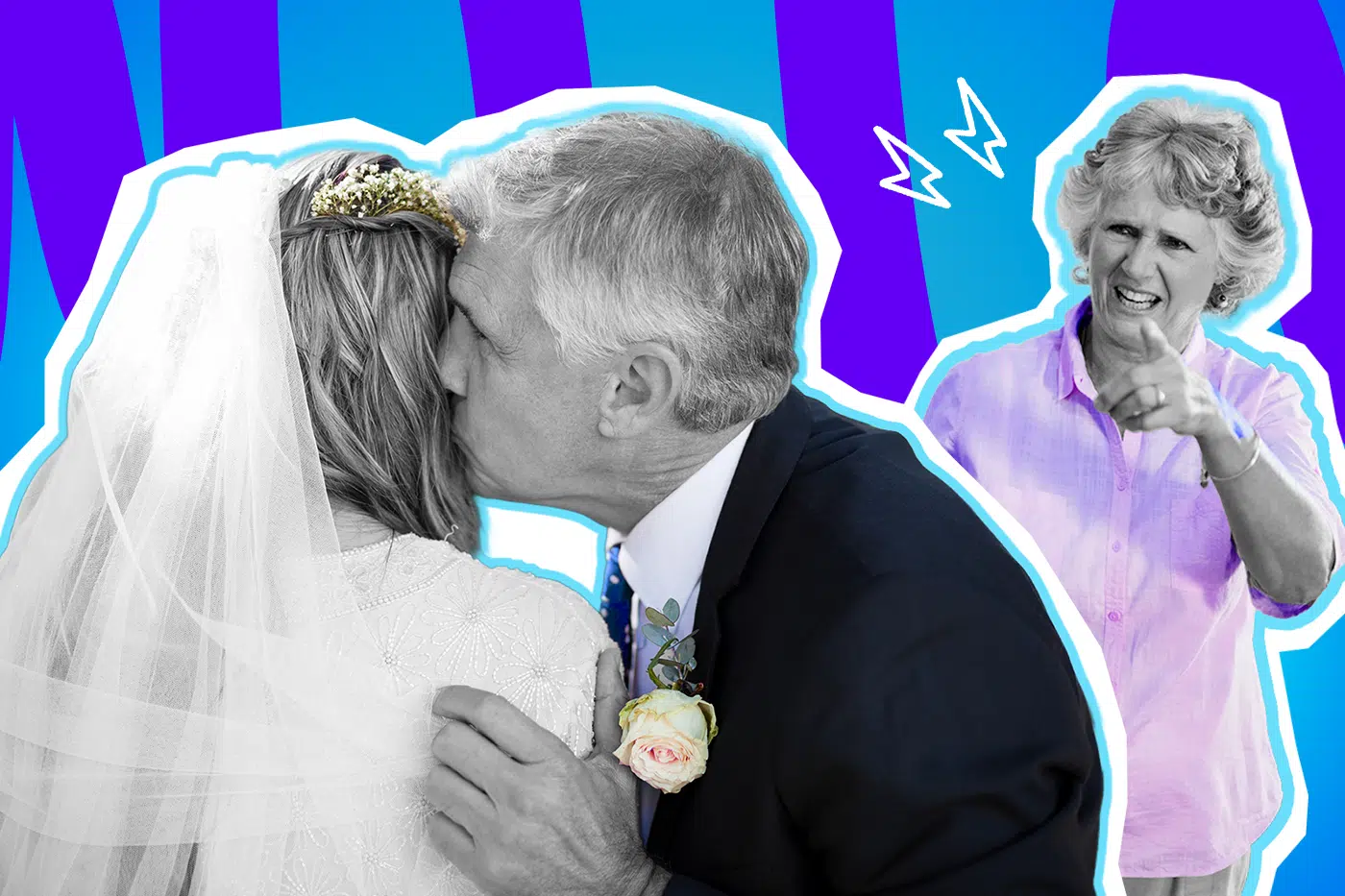 Ausdrucksstarke Collage zum Thema Hochzeitsdrama, familiäre Konflikte und toxische Eifersucht: Auf der linken Seite umarmt ein Brautvater seine Tochter in ihrem weißen Hochzeitskleid liebevoll und gibt ihr einen Kuss auf die Wange. Haut und Haare sind in Schwarz-Weiß gehalten, während die blaue, gepunktete Krawatte und die rosafarbene Rose an seinem Revers farblich dezent hervortreten. Im Hintergrund auf der rechten Seite steht eine ältere Frau in Schwarz-Weiß, die wütend, empört und vorwurfsvoll mit dem Zeigefinger auf das innige Vater-Tochter-Gespann zeigt. Sie trägt eine leuchtend fliederfarbene Bluse, die farblich extrem stark hervortritt. Weiße Blitz-Icons sowie das Pop-Art-Motiv vor einem markanten blau-violetten Wellen-Hintergrund visualisieren pointiert die angespannte Stimmung, das familiäre Chaos und das egoistische Drama, das entsteht, wenn eine unerwünschte Lebensgefährtin von der Gästeliste gestrichen wird und daraufhin mit knallharten Ultimaten reagiert.
