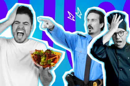 Ausdrucksstarke Collage zum Thema unverschämte Gäste, Gastronomie-Wahnsinn und Eskalationen im Restaurant: Auf der linken Seite steht ein Mann in Schwarz-Weiß, der wütend schreit, sich an den Kopf fasst und dabei eine leuchtend bunte Schüssel mit frischem Salat in der Hand hält. In der Mitte steht ein schockierter Wachmann in einem knallblauen Uniformhemd, das farblich extrem stark hervortritt, und zeigt auf ihn. Auf der rechten Seite schlägt sich ein fassungsloser Koch in Schwarz-Weiß verzweifelt die Hand vors Gesicht (Facepalm). Weiße Blitz-Icons sowie das Pop-Art-Motiv vor einem markanten blau-violetten Wellen-Hintergrund visualisieren pointiert die absurde Eskalation, das respektlose Kundenverhalten und den alltäglichen Wahnsinn, dem das Personal in der Gastronomie oft ausgesetzt ist.
