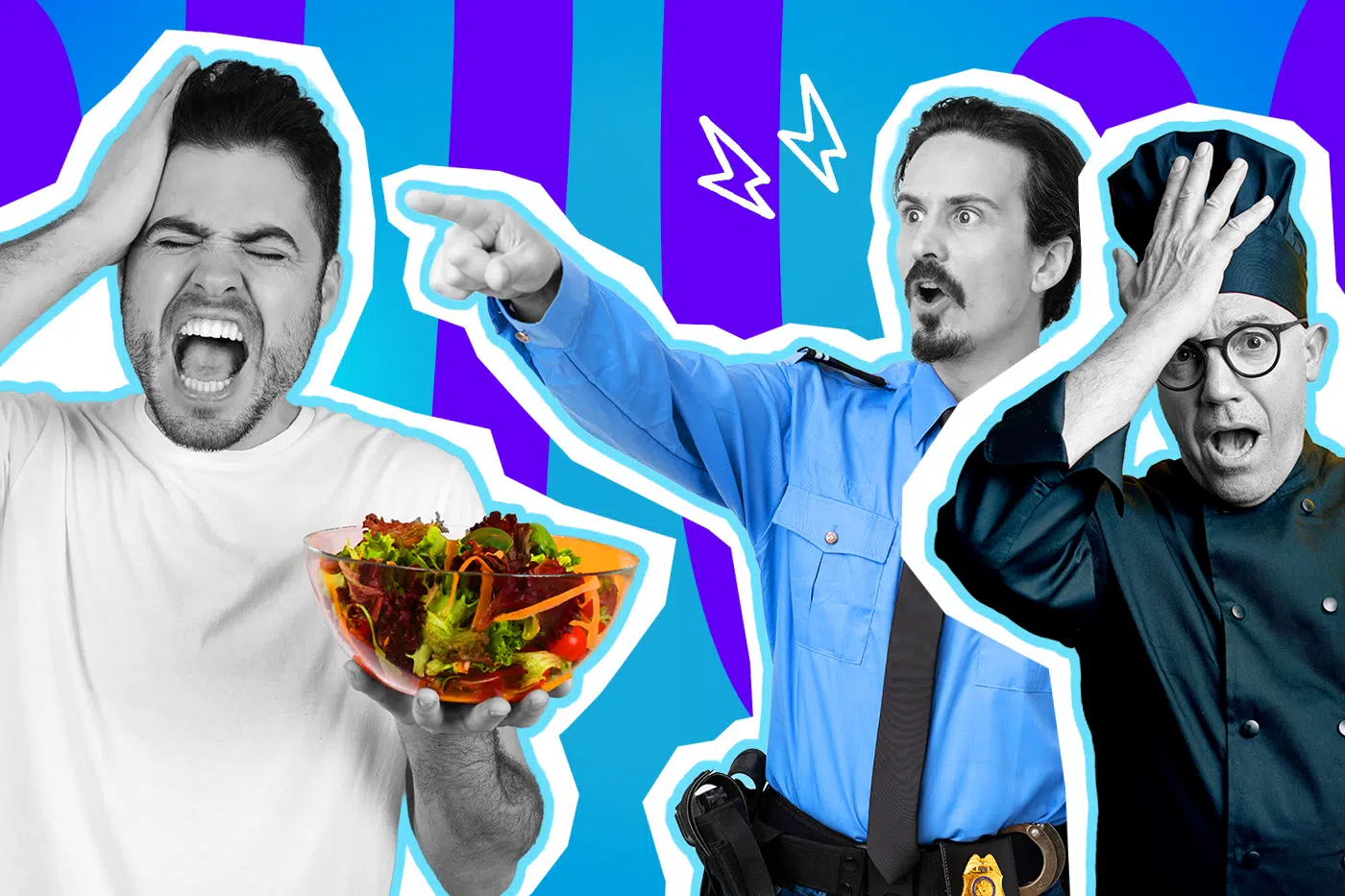 Ausdrucksstarke Collage zum Thema unverschämte Gäste, Gastronomie-Wahnsinn und Eskalationen im Restaurant: Auf der linken Seite steht ein Mann in Schwarz-Weiß, der wütend schreit, sich an den Kopf fasst und dabei eine leuchtend bunte Schüssel mit frischem Salat in der Hand hält. In der Mitte steht ein schockierter Wachmann in einem knallblauen Uniformhemd, das farblich extrem stark hervortritt, und zeigt auf ihn. Auf der rechten Seite schlägt sich ein fassungsloser Koch in Schwarz-Weiß verzweifelt die Hand vors Gesicht (Facepalm). Weiße Blitz-Icons sowie das Pop-Art-Motiv vor einem markanten blau-violetten Wellen-Hintergrund visualisieren pointiert die absurde Eskalation, das respektlose Kundenverhalten und den alltäglichen Wahnsinn, dem das Personal in der Gastronomie oft ausgesetzt ist.
