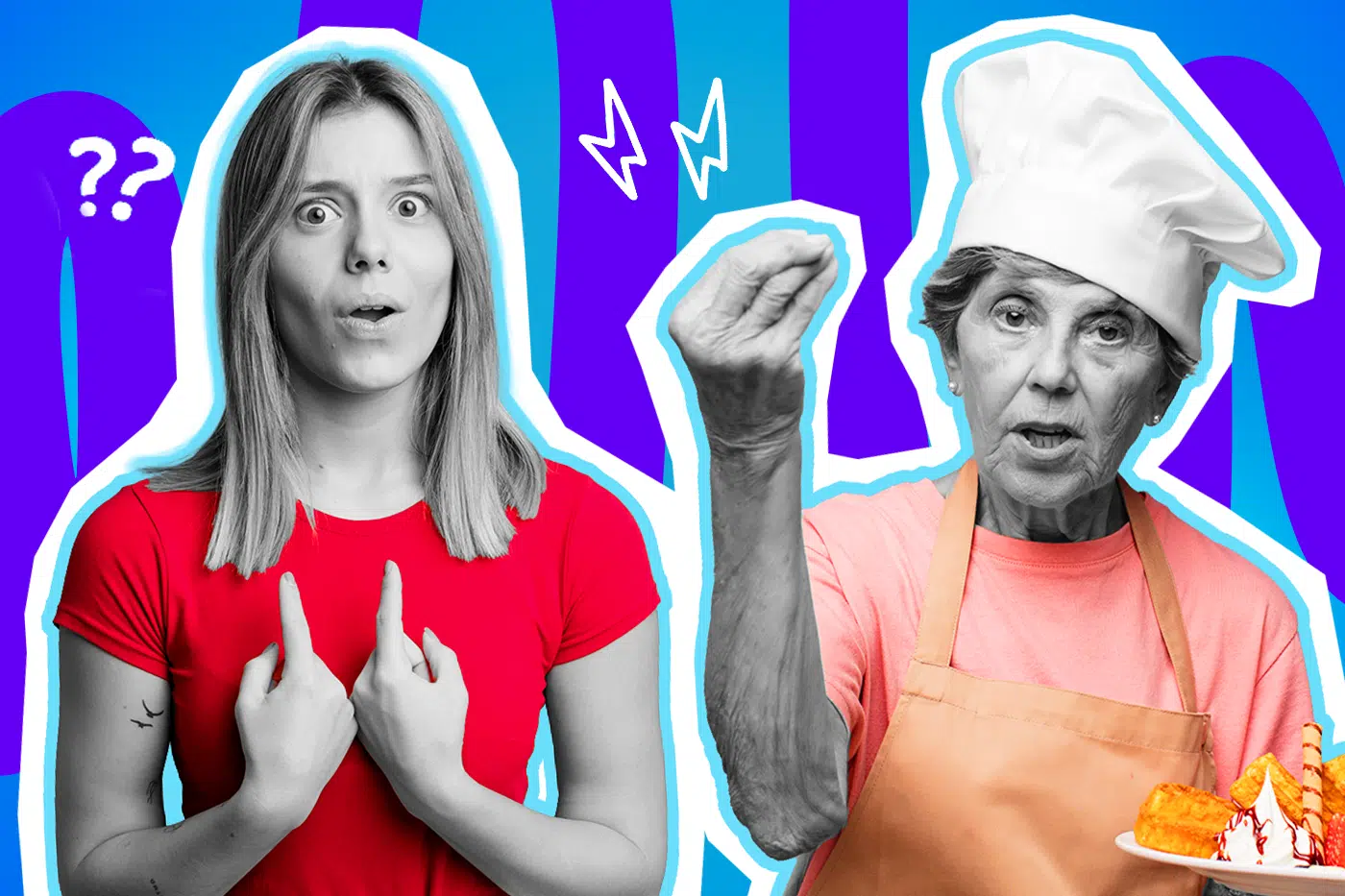 Humorvolle Collage zum Thema geizige Gastgeber, absurde Einladungen und Familienfeiern: Auf der linken Seite blickt eine junge Frau in Schwarz-Weiß völlig schockiert und ungläubig drein, während sie fragend mit beiden Zeigefingern auf sich selbst zeigt. Sie trägt ein leuchtend rotes T-Shirt, das farblich extrem stark hervortritt. Auf der rechten Seite steht eine ältere Dame in Schwarz-Weiß mit einer weißen Kochmütze, die empört eine fragende Handgeste macht und in der anderen Hand einen Teller mit Waffeln und Sahne hält. Sie trägt ein lachsfarbenes T-Shirt und eine orangefarbene Schürze. Weiße Fragezeichen- und Blitz-Icons sowie das Pop-Art-Motiv vor einem markanten blau-violetten Wellen-Hintergrund visualisieren pointiert die absolute Fassungslosigkeit über eine vermeintliche "Einladung", bei der der Gast nicht nur das Essen beisteuern, sondern am Ende auch noch die eigene Portion bezahlen soll.