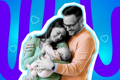 Emotionale Collage zum Thema wahrer Reichtum, Familienglück und Zufriedenheit: Im Zentrum steht ein innig lächelndes Paar, dessen Gesichter in Schwarz-Weiß gehalten sind, während sie liebevoll ein Baby im Arm halten und es glücklich betrachten. Die Kleidung der kleinen Familie tritt farblich extrem stark hervor: Die Frau trägt ein mintgrünes Langarmshirt, der Mann (mit Brille) einen pfirsichfarbenen Pullover und das Baby einen hellrosa gestreiften Strampler. Mehrere weiße Herz-Icons umgeben die drei. Das Pop-Art-Motiv vor einem markanten blau-violetten Wellen-Hintergrund in der Datei "Threads-How-rich-are-you.jpg" visualisiert pointiert die herzerwärmende Botschaft des Textes: Der absolute, unbezahlbare Reichtum des Lebens misst sich nicht am Kontostand, sondern an familiärer Liebe, Gesundheit und einer großen Portion Humor.