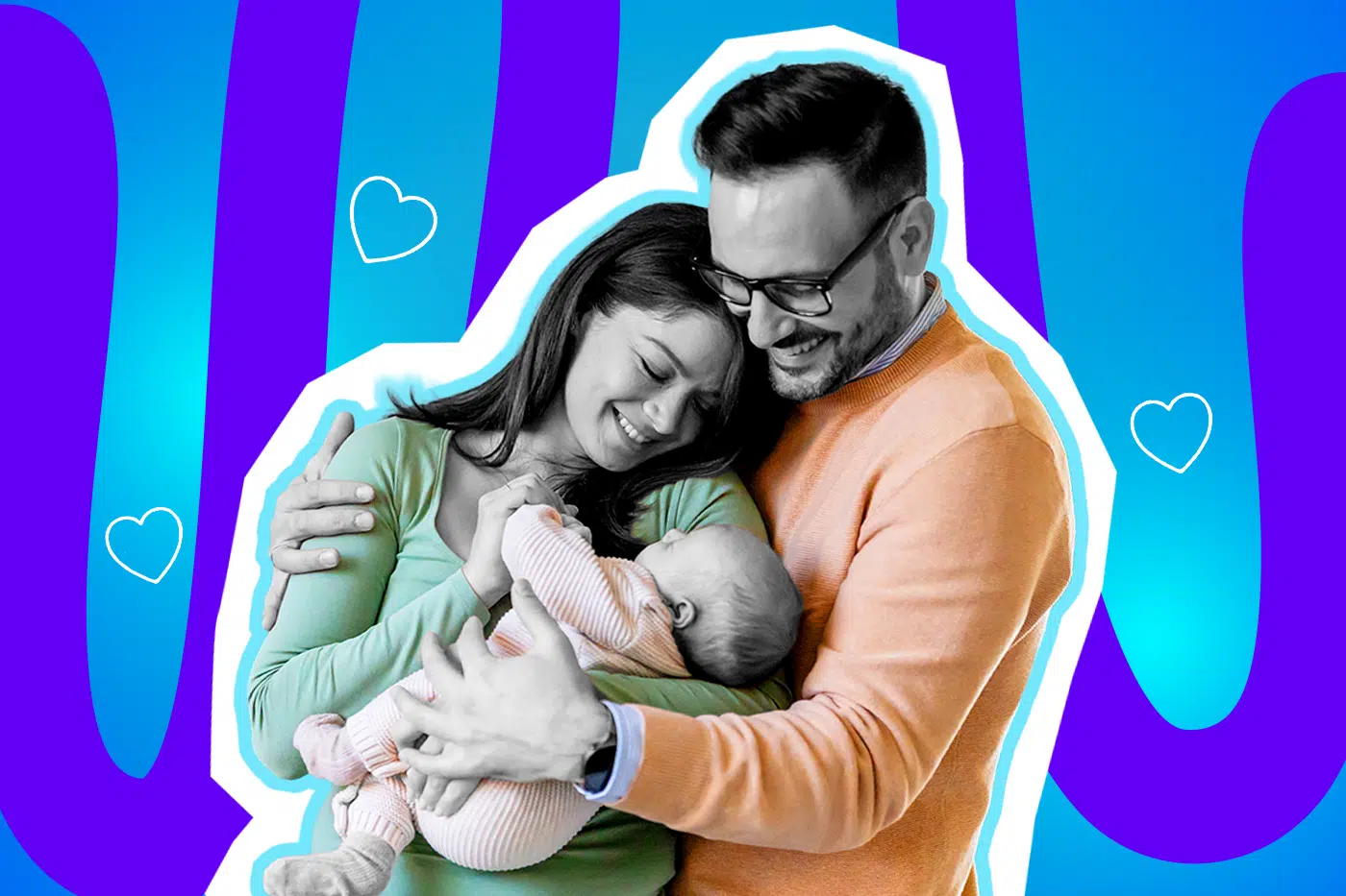 Emotionale Collage zum Thema wahrer Reichtum, Familienglück und Zufriedenheit: Im Zentrum steht ein innig lächelndes Paar, dessen Gesichter in Schwarz-Weiß gehalten sind, während sie liebevoll ein Baby im Arm halten und es glücklich betrachten. Die Kleidung der kleinen Familie tritt farblich extrem stark hervor: Die Frau trägt ein mintgrünes Langarmshirt, der Mann (mit Brille) einen pfirsichfarbenen Pullover und das Baby einen hellrosa gestreiften Strampler. Mehrere weiße Herz-Icons umgeben die drei. Das Pop-Art-Motiv vor einem markanten blau-violetten Wellen-Hintergrund in der Datei "Threads-How-rich-are-you.jpg" visualisiert pointiert die herzerwärmende Botschaft des Textes: Der absolute, unbezahlbare Reichtum des Lebens misst sich nicht am Kontostand, sondern an familiärer Liebe, Gesundheit und einer großen Portion Humor.