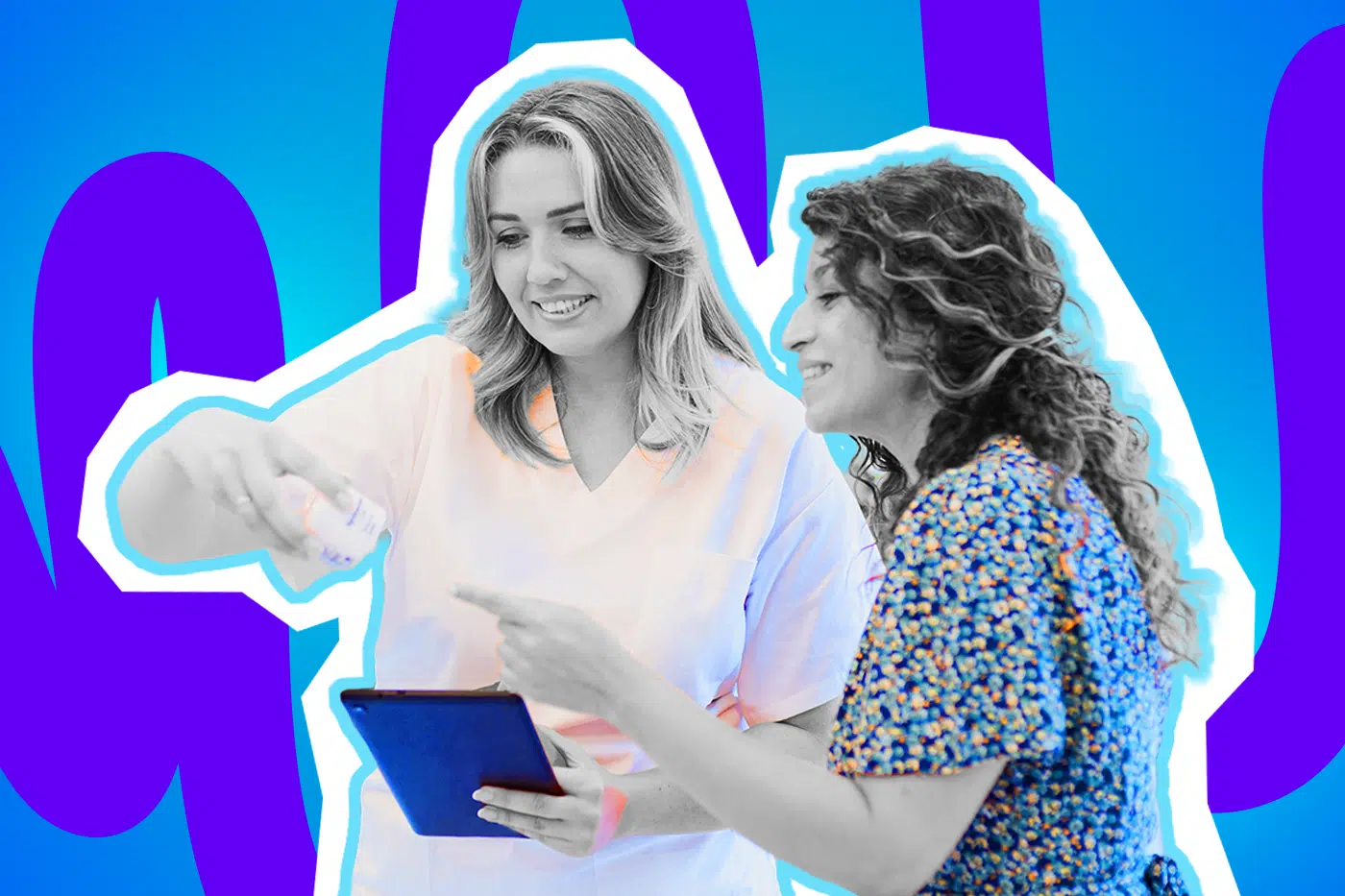 Ausdrucksstarke Collage zum Thema Hilfsbereitschaft, Achtsamkeit und positive Alltagsbegegnungen: Im Zentrum stehen zwei lächelnde Frauen, deren Gesichter in Schwarz-Weiß gehalten sind, in einer freundlichen und zugewandten Interaktion. Die Frau auf der linken Seite trägt ein zartrosa Oberteil und hält eine kleine Dose sowie ein leuchtend dunkelblaues Tablet in den Händen. Die Frau rechts neben ihr trägt ein blaues Oberteil mit auffälligem Blumenmuster und zeigt interessiert auf den Bildschirm. Die farbigen Elemente treten extrem stark hervor. Das Pop-Art-Motiv vor einem markanten blau-violetten Wellen-Hintergrund visualisiert pointiert die schönen, kleinen Momente der Nächstenliebe und die wärmende Verbundenheit, die entsteht, wenn man im stressigen Alltag kurz innehält, um anderen zu helfen.