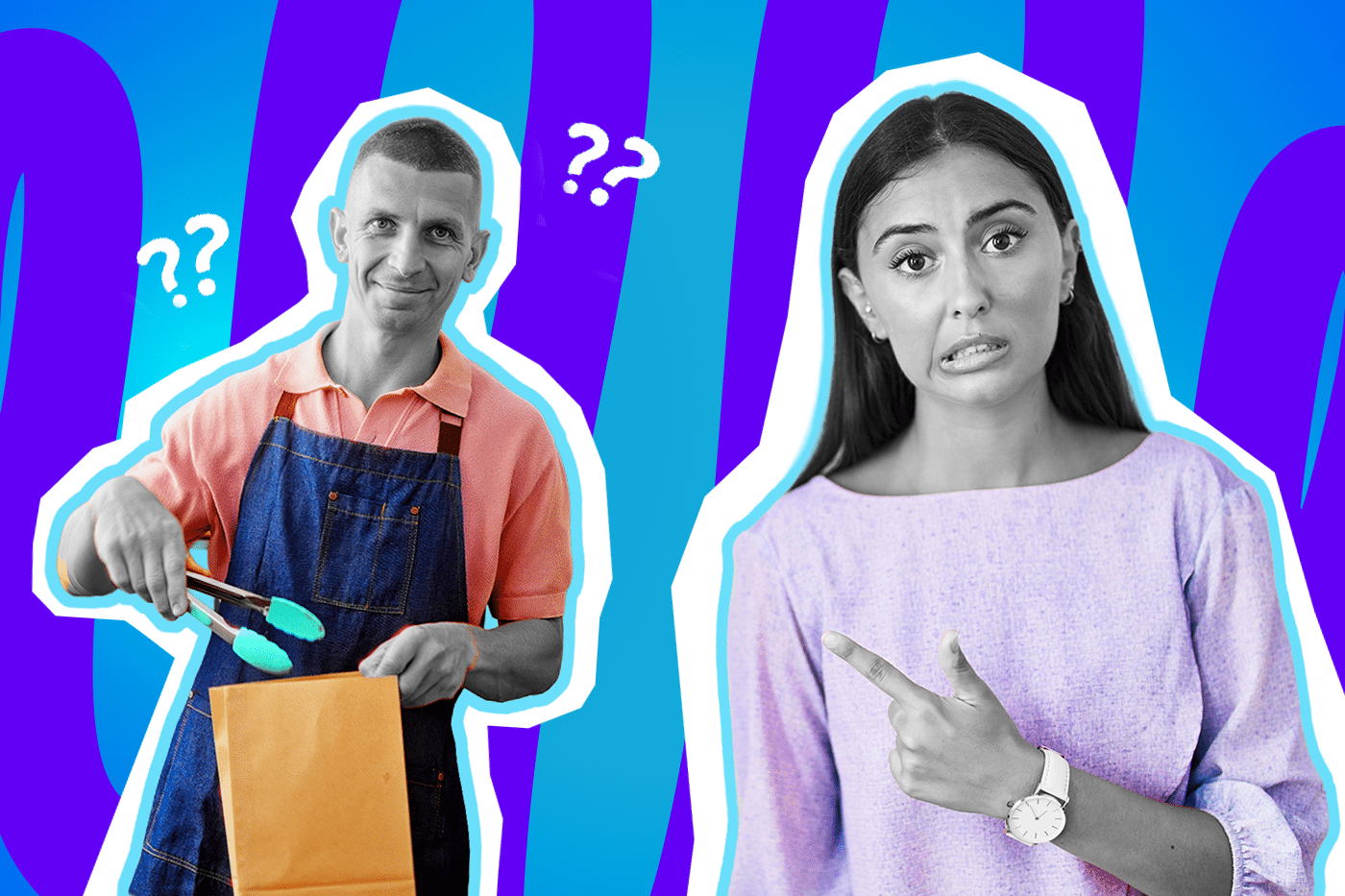 Ausdrucksstarke Collage zum Thema Hygiene im Supermarkt, SB-Backwaren und alltägliche Ekelmomente: Auf der linken Seite steht ein Mann, dessen Gesicht und Arme in Schwarz-Weiß gehalten sind. Er lächelt leicht und hält eine Gebäckzange mit leuchtend türkisgrünen Enden sowie eine braune Papiertüte in den Händen. Sein pfirsichfarbenes Poloshirt und die dunkelblaue Jeans-Schürze treten farblich extrem stark hervor. Auf der rechten Seite blickt eine Frau, deren Gesicht und Arme ebenfalls in Schwarz-Weiß gehalten sind, völlig angewidert und skeptisch drein, während sie mit dem Zeigefinger auf die Szenerie links deutet. Ihr fliederfarbenes Oberteil sticht farblich ebenfalls extrem stark heraus. Weiße Fragezeichen-Icons um den Kopf des Mannes sowie das Pop-Art-Motiv vor einem markanten blau-violetten Wellen-Hintergrund visualisieren pointiert die teils völlig unterschiedlichen Auffassungen von Hygiene und den absoluten Ekel, den man empfindet, wenn ignorante Kunden an der SB-Theke die Regeln missachten und die Brötchen rücksichtslos mit bloßen Händen anfassen.