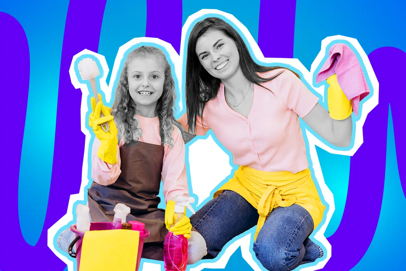 Ausdrucksstarke Collage zum Thema Kinderzimmer aufräumen, Haushaltsaufgaben und Erziehung: Im Zentrum knien eine lächelnde Mutter und ihre junge Tochter in Schwarz-Weiß auf dem Boden, scheinbar voller Vorfreude auf den Hausputz. Die Kleidung und Putzutensilien treten farblich extrem stark hervor: Beide tragen zartrosa Oberteile und leuchtend gelbe Putzhandschuhe. Die Mutter trägt eine knallgelbe Schürze und hält ein pinkes Putztuch in die Höhe, während die Tochter in einer braunen Schürze motiviert eine Spülbürste und eine pinke Sprühflasche präsentiert. Vor ihnen steht ein Eimer mit weiteren bunten Reinigungsmitteln. Das Pop-Art-Motiv vor einem markanten blau-violetten Wellen-Hintergrund visualisiert pointiert das utopische, völlig harmonische Idealbild des gemeinsamen Aufräumens, das ironisch im starken Kontrast zur oft stressigen Realität und den ewigen Diskussionen im Familienalltag steht.