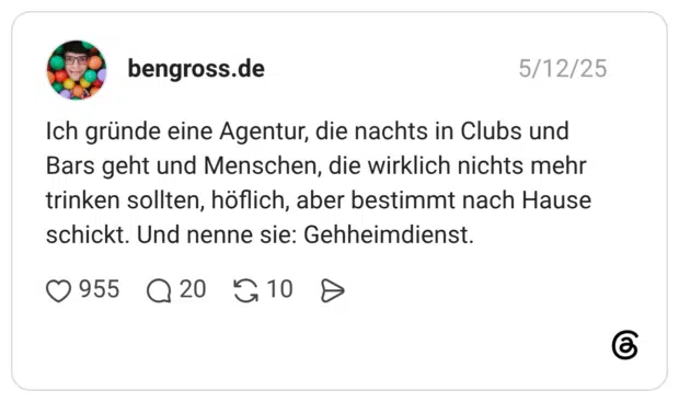 Ich gründe eine Agentur, die nachts in Clubs und Bars geht und Menschen, die wirklich nichts mehr trinken sollten, höflich, aber bestimmt nach Hause schickt. Und nenne sie: Gehheimdienst.
