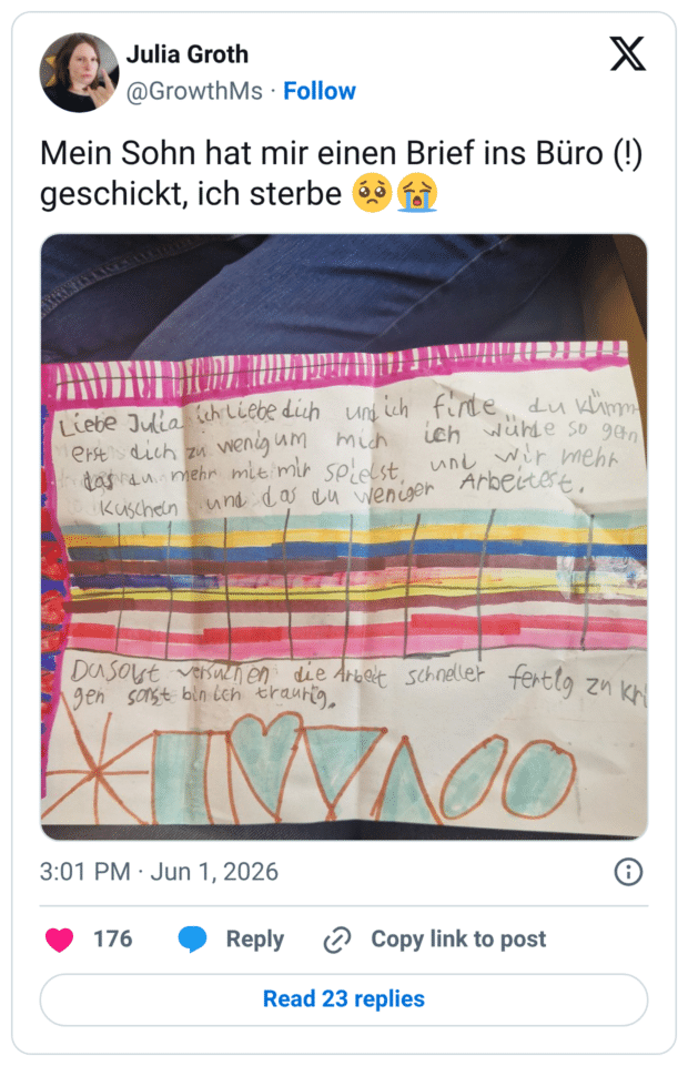 Mein Sohn hat mir einen Brief ins Büro (! geschickt, ich sterbe