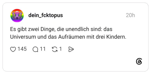Es gibt zwei Dinge, die unendlich sind: das Universum und das Aufräumen mit drei Kindern.