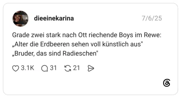 Grade zwei stark nach Ott riechende Boys im Rewe: „Alter die Erdbeeren sehen voll künstlich aus" „Bruder, das sind Radieschen"