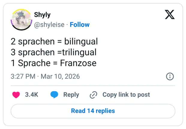 2 sprachen = bilingual 3 sprachen =trilingual 1 Sprache = Franzose