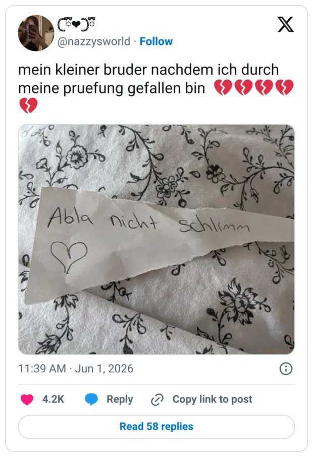 mein kleiner bruder nachdem ich durch meine pruefung gefallen bin 💔💔💔💔💔