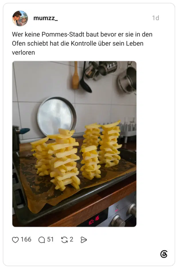 Wer keine Pommes-Stadt baut bevor er sie in den Ofen schiebt hat die Kontrolle über sein Leben verloren