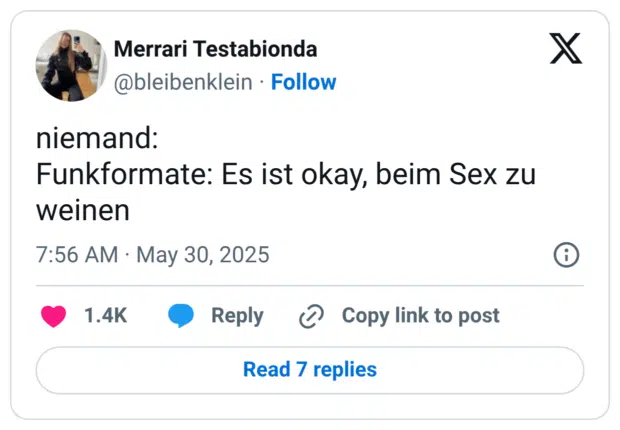 niemand: Funkformate: Es ist okay, beim Sex zu weinen