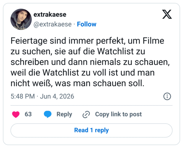 Feiertage sind immer perfekt, um Filme zu suchen, sie auf die Watchlist zu schreiben und dann niemals zu schauen, weil die Watchlist zu voll ist und man nicht weiß, was man schauen soll.