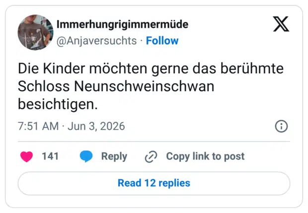 Die Kinder möchten gerne das berühmte Schloss Neunschweinschwan besichtigen.