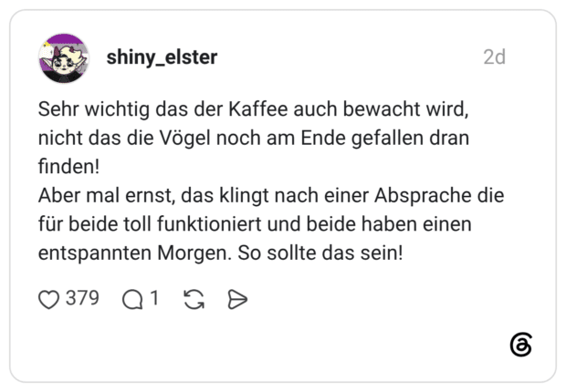 Sehr wichtig das der Kaffee auch bewacht wird, nicht das die Vögel noch am Ende gefallen dran finden! Aber mal ernst, das klingt nach einer Absprache die für beide toll funktioniert und beide haben einen entspannten Morgen. So sollte das sein!