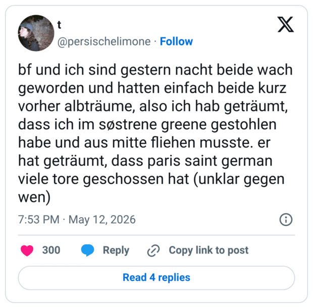 bf und ich sind gestern nacht beide wach geworden und hatten einfach beide kurz vorher albträume, also ich hab geträumt, dass ich im sostrene greene gestohlen habe und aus mitte fliehen musste. er hat geträumt, dass paris saint german viele tore geschossen hat (unklar gegen wen)