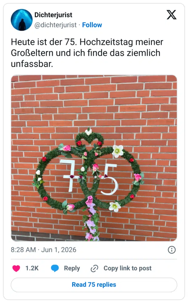 Heute ist der 75. Hochzeitstag meiner Großeltern und ich finde das ziemlich unfassbar.