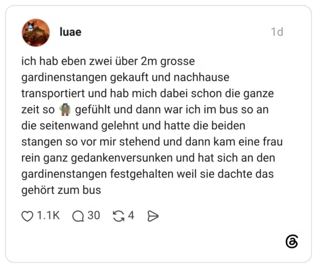 ich hab eben zwei über 2m grosse gardinenstangen gekauft und nachhause transportiert und hab mich dabei schon die ganze zeit so 🧌 gefühlt und dann war ich im bus so an die seitenwand gelehnt und hatte die beiden stangen so vor mir stehend und dann kam eine frau rein ganz gedankenversunken und hat sich an den gardinenstangen festgehalten weil sie dachte das gehört zum bus