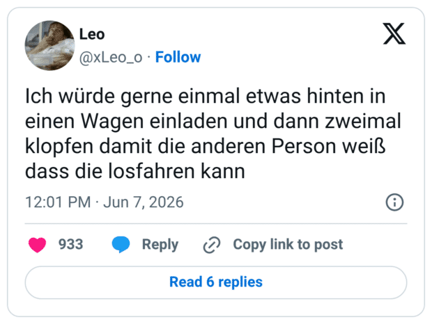 Ich würde gerne einmal etwas hinten in einen Wagen einladen und dann zweimal klopfen damit die anderen Person weiß dass die losfahren kann