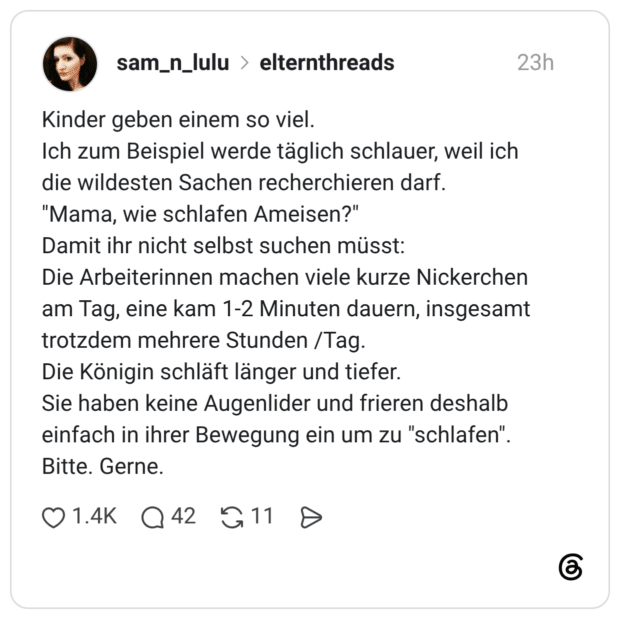 Kinder geben einem so viel. Ich zum Beispiel werde täglich schlauer, weil ich die wildesten Sachen recherchieren darf. "Mama, wie schlafen Ameisen?" Damit ihr nicht selbst suchen müsst: Die Arbeiterinnen machen viele kurze Nickerchen am Tag, eine kam 1-2 Minuten dauern, insgesamt trotzdem mehrere Stunden /Tag. Die Königin schläft länger und tiefer. Sie haben keine Augenlider und frieren deshalb einfach in ihrer Bewegung ein um zu "schlafen". Bitte. Gerne.