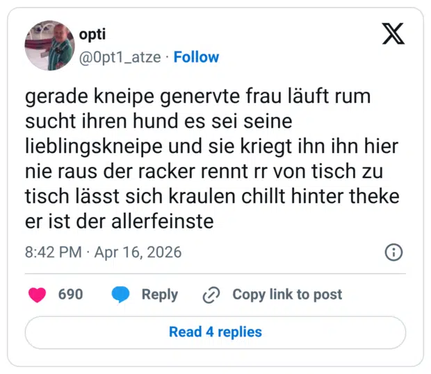 gerade kneipe genervte frau läuft rum sucht ihren hund es sei seine lieblingskneipe und sie kriegt ihn ihn hier nie raus der racker rennt rr von tisch zu tisch lässt sich kraulen chillt hinter theke er ist der allerfeinste