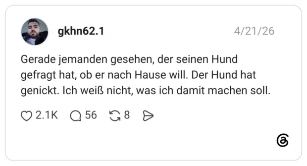 Gerade jemanden gesehen, der seinen Hund gefragt hat, ob er nach Hause will. Der Hund hat genickt. Ich weiß nicht, was ich damit machen soll.