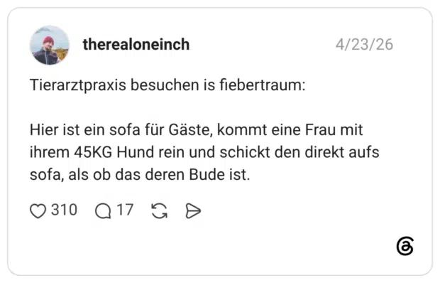 Tierarztpraxis besuchen is fiebertraum: Hier ist ein sofa für Gäste, kommt eine Frau mit ihrem 45KG Hund rein und schickt den direkt aufs sofa, als ob das deren Bude ist.