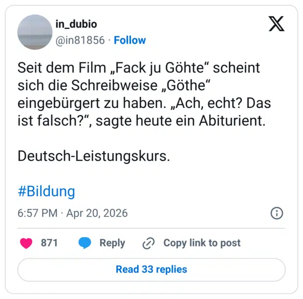 Seit dem Film „Fack ju Göhte“ scheint sich die Schreibweise „Göthe“ eingebürgert zu haben. „Ach, echt? Das ist falsch?“, sagte heute ein Abiturient. Deutsch-Leistungskurs. #Bildung