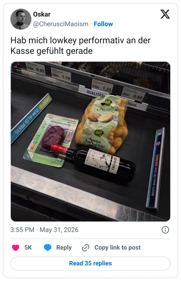 Hab mich lowkey performativ an der Kasse gefühlt gerade 0.85 4. Bee 1.19 1.25 QUALITÄT CHI 20% 0.85 Band. Speise Hülstenk 1,5 kg e bio- Speise- kartoffeln ECOLÓGICO ENCINARES BESTE QUALITÄT ZUM TIEFPREIS