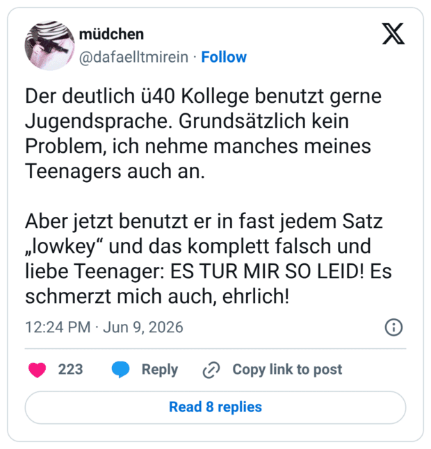 Der deutlich ü40 Kollege benutzt gerne Jugendsprache. Grundsätzlich kein Problem, ich nehme manches meines Teenagers auch an. Aber jetzt benutzt er in fast jedem Satz „lowkey“ und das komplett falsch und liebe Teenager: ES TUR MIR SO LEID! Es schmerzt mich auch, ehrlich!