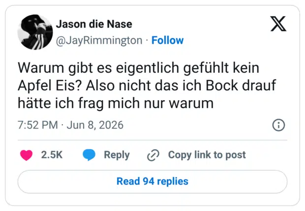 Warum gibt es eigentlich gefühlt kein Apfel Eis? Also nicht das ich Bock drauf hätte ich frag mich nur warum