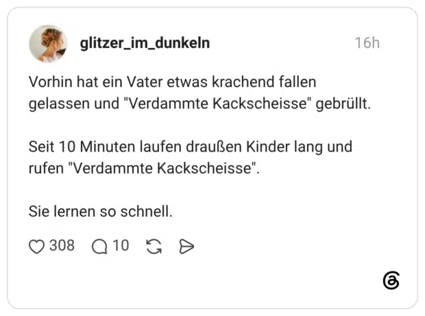 Vorhin hat ein Vater etwas krachend fallen gelassen und "Verdammte Kackscheisse" gebrüllt. Seit 10 Minuten laufen draußen Kinder lang und rufen "Verdammte Kackscheisse". Sie lernen so schnell.