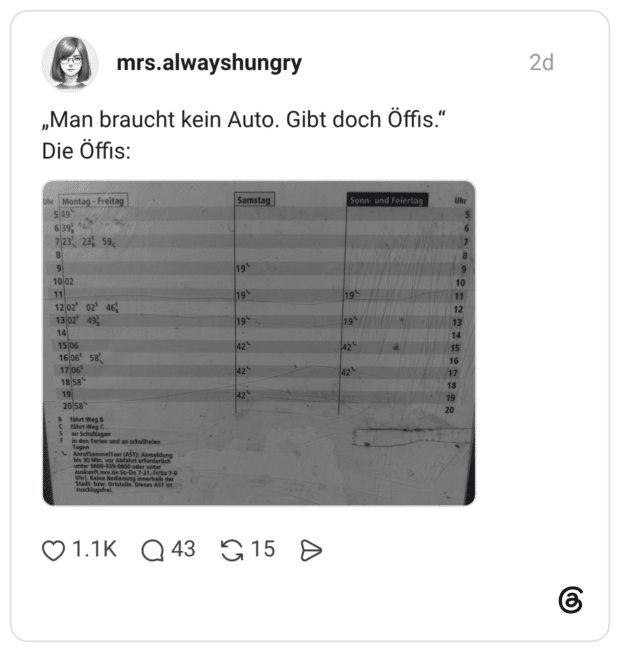 „Man braucht kein Auto. Gibt doch Öffis." Die Öffis: Uhr Montag - Freitag 5:49 6 39% 7/23 23% 59c 8 9 10|02 11 12/02° 13/02* 025 49, 46% 14 15/06 16/065 58% 17/065 1858 19 20|58* fährt Weg B fahrt Weg C an Schultagen in den Ferien und an schulfreien Tagen AnrufSammelTaxi (AST): Anmeldung bis 30 Min. vor Abfahrt erforderlich unter 0800-939-0800 oder unter auskunft.nvv.de So-Do 7-21, Fr/Sa 7-0 Uhr). Keine Bedienung innerhalb der Stadt- bzw, Ortstelle. Dieses AST ist zuschlagsfrei.