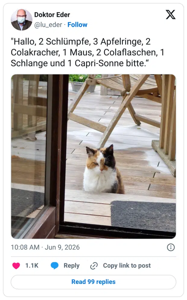 "Hallo, 2 Schlümpfe, 3 Apfelringe, 2 Colakracher, 1 Maus, 2 Colaflaschen, 1 Schlange und 1 Capri-Sonne bitte."