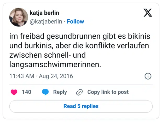 im freibad gesundbrunnen gibt es bikinis und burkinis, aber die konflikte verlaufen zwischen schnell- und langsamschwimmerinnen.