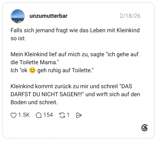 Falls sich jemand fragt wie das Leben mit Kleinkind so ist: Mein Kleinkind lief auf mich zu, sagte "ich gehe auf die Toilette Mama." Ich "ok geh ruhig auf Toilette." Kleinkind kommt zurück zu mir und schreit "DAS DARFST DU NICHT SAGEN!!!" und wirft sich auf den Boden und schreit.
