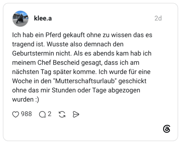 Ich hab ein Pferd gekauft ohne zu wissen das es tragend ist. Wusste also demnach den Geburtstermin nicht. Als es abends kam hab ich meinem Chef Bescheid gesagt, dass ich am nächsten Tag später komme. Ich wurde für eine Woche in den "Mutterschaftsurlaub" geschickt ohne das mir Stunden oder Tage abgezogen wurden :)