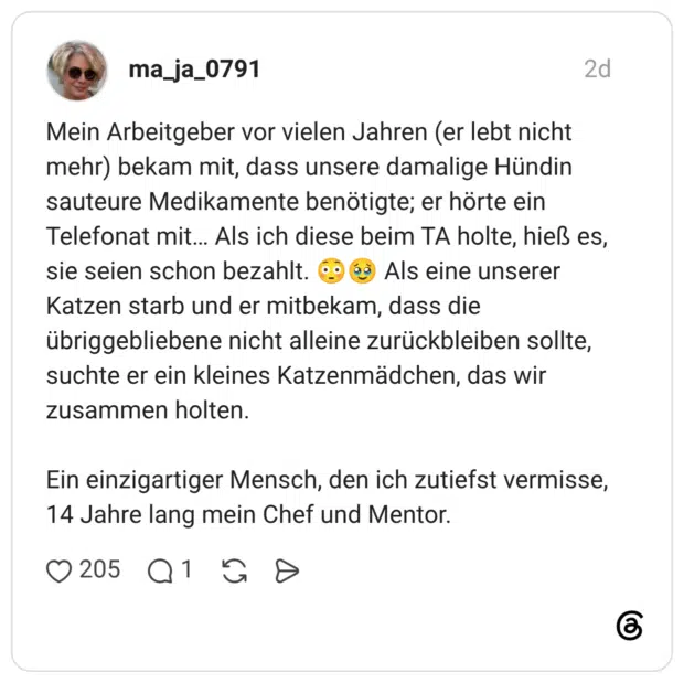 Mein Arbeitgeber vor vielen Jahren (er lebt nicht mehr) bekam mit, dass unsere damalige Hündin sauteure Medikamente benötigte; er hörte ein Telefonat mit... Als ich diese beim TA holte, hieß es, sie seien schon bezahlt. Als eine unserer Katzen starb und er mitbekam, dass die übriggebliebene nicht alleine zurückbleiben sollte, suchte er ein kleines Katzenmädchen, das wir zusammen holten. Ein einzigartiger Mensch, den ich zutiefst vermisse, 14 Jahre lang mein Chef und Mentor.
