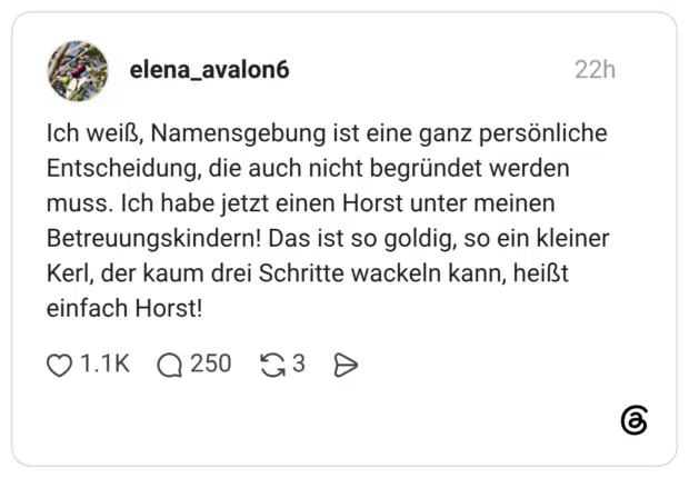 Ich weiß, Namensgebung ist eine ganz persönliche Entscheidung, die auch nicht begründet werden muss. Ich habe jetzt einen Horst unter meinen Betreuungskindern! Das ist so goldig, so ein kleiner Kerl, der kaum drei Schritte wackeln kann, heißt einfach Horst!