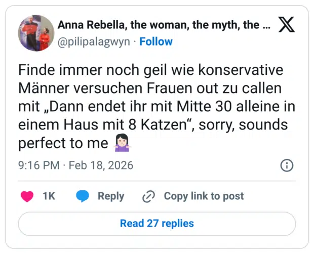 Finde immer noch geil wie konservative Männer versuchen Frauen out zu callen mit „Dann endet ihr mit Mitte 30 alleine in einem Haus mit 8 Katzen", perfect to me e
